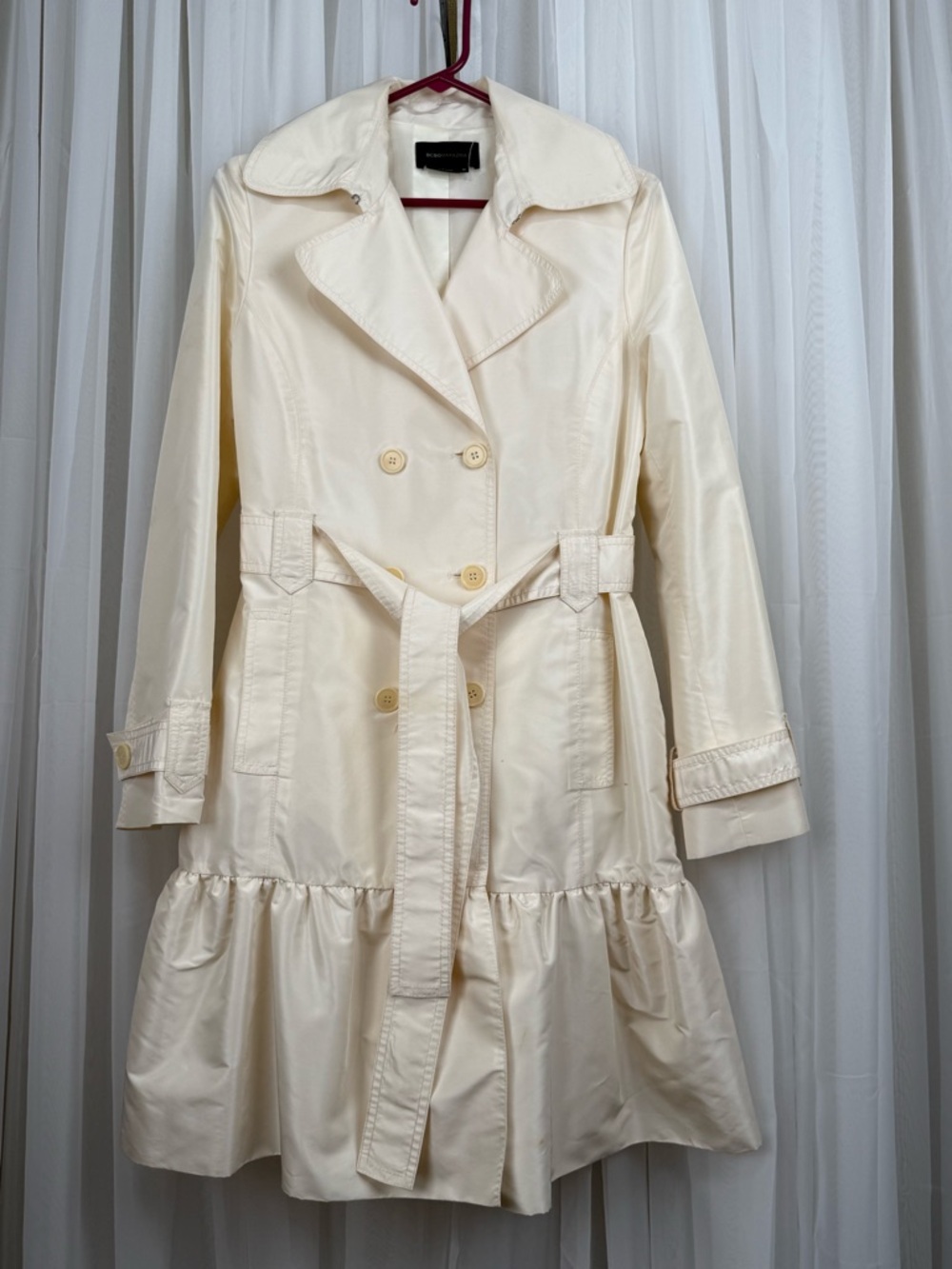 BCBGMAXAZRIA Silk Trench Coat Ivory Belted Ruffle Hem M Y2K